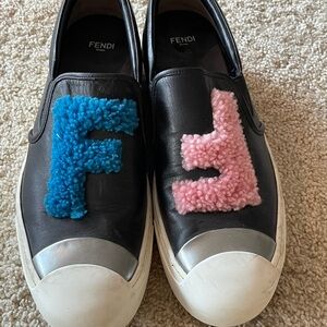 Fendi Black and Blue Sneakers with Slip-On Design and Fuzzy Letters